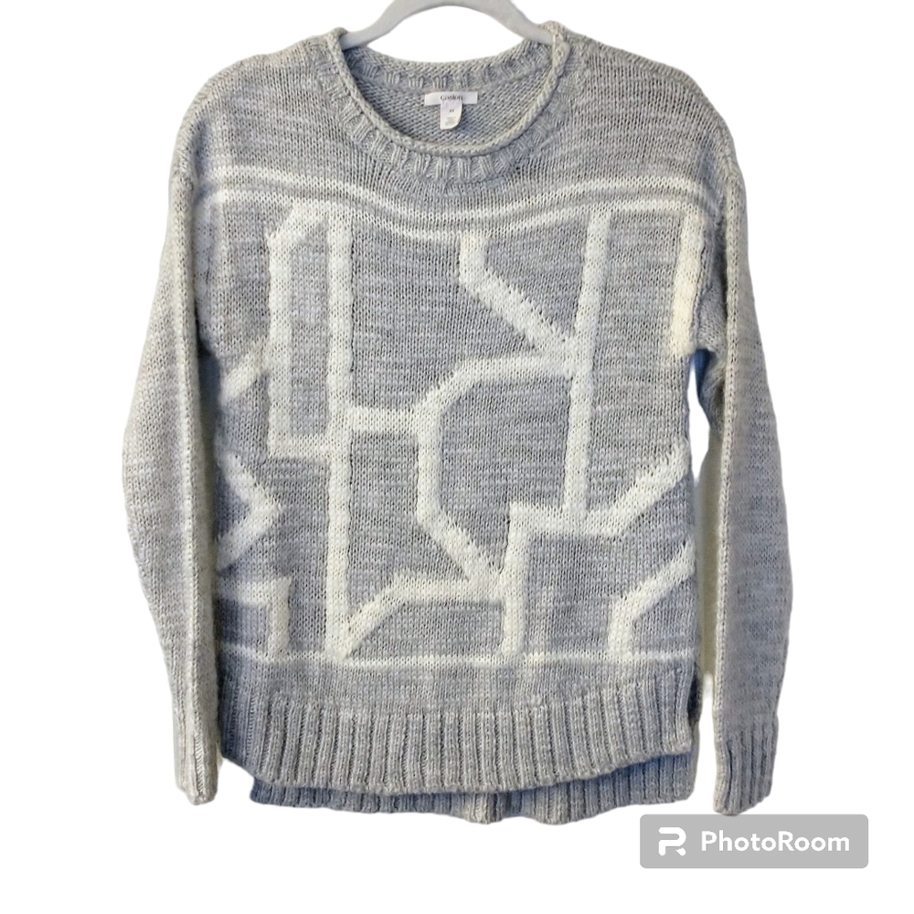 Women's Caslon Gray and White Abstract Knit Wool Blend Sweater Size XS